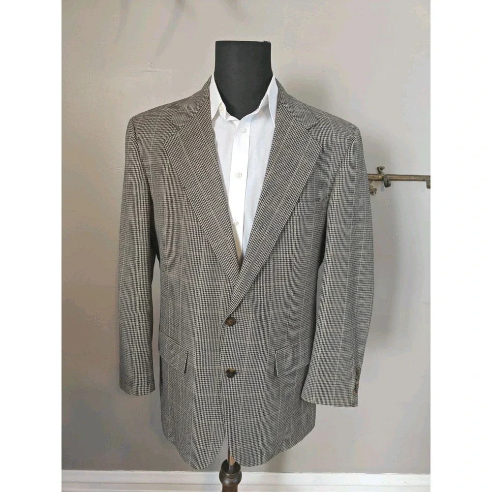 Mark Shale Mens Wool Sports Coat 42R Beige Houndstooth USA 2 Button Blazer B503